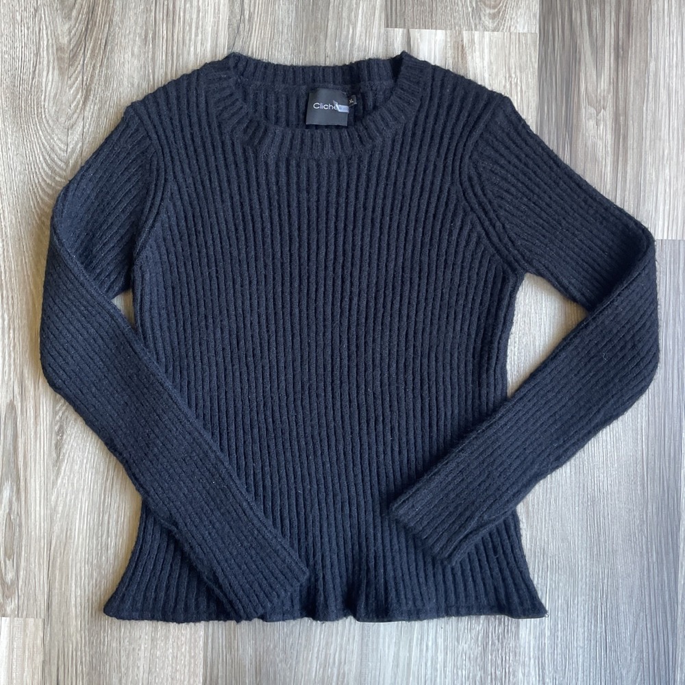 Cliche Wool‎ Blend Women's Size XL Black Ribbed Sweater Stretch Minimalist Lux